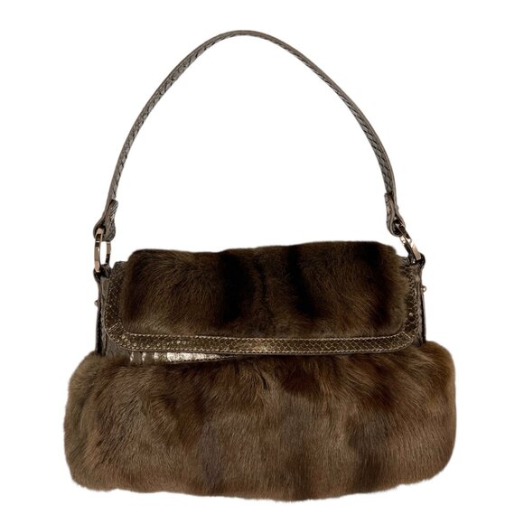 FENDI Vintage Logo Chef Mink Faux Fur Shoulder Bag Handbag Python Brown [106352] - Picture 5 of 12